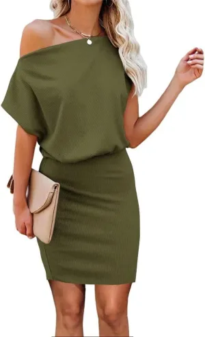 Ezbelle Women's Off The Shoulder Short Sleeve Ribbed Casual Summer HIPS-Wrapped Bodycon Party Mini Batwing Dress