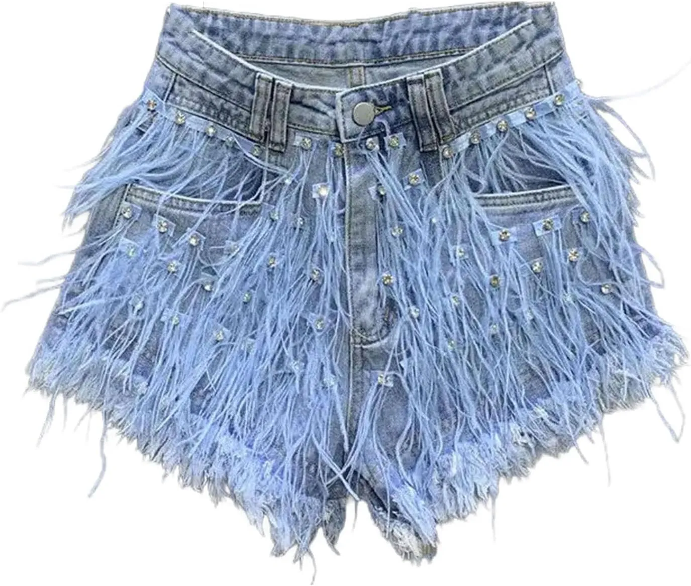 Fashion Denim Shorts Women Personalized Tassel Diamond Wash Light Blue Short Jeans Fashion Sexy Feather Hot Pants