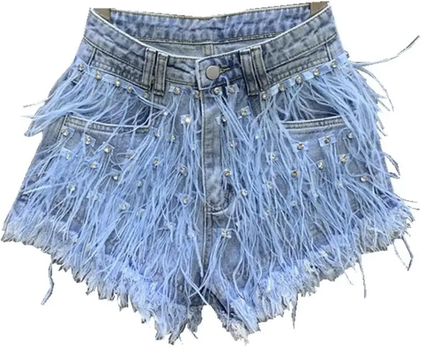 Fashion Denim Shorts Women Personalized Tassel Diamond Wash Light Blue Short Jeans Fashion Sexy Feather Hot Pants