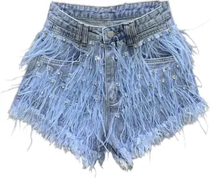 Fashion Denim Shorts Women Personalized Tassel Diamond Wash Light Blue Short Jeans Fashion Sexy Feather Hot Pants
