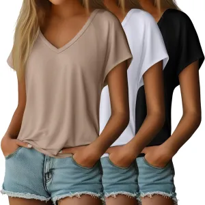 Ficerd 3 Pack Women's Dolman Sleeve Tops V Neck Summer Trendy T Shirts Dressy Casual Loose Fit Basic Tees