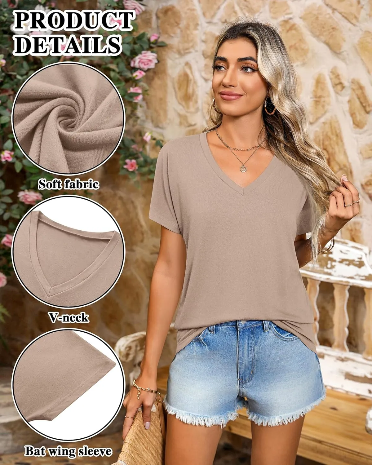 Ficerd 3 Pack Women's Dolman Sleeve Tops V Neck Summer Trendy T Shirts Dressy Casual Loose Fit Basic Tees