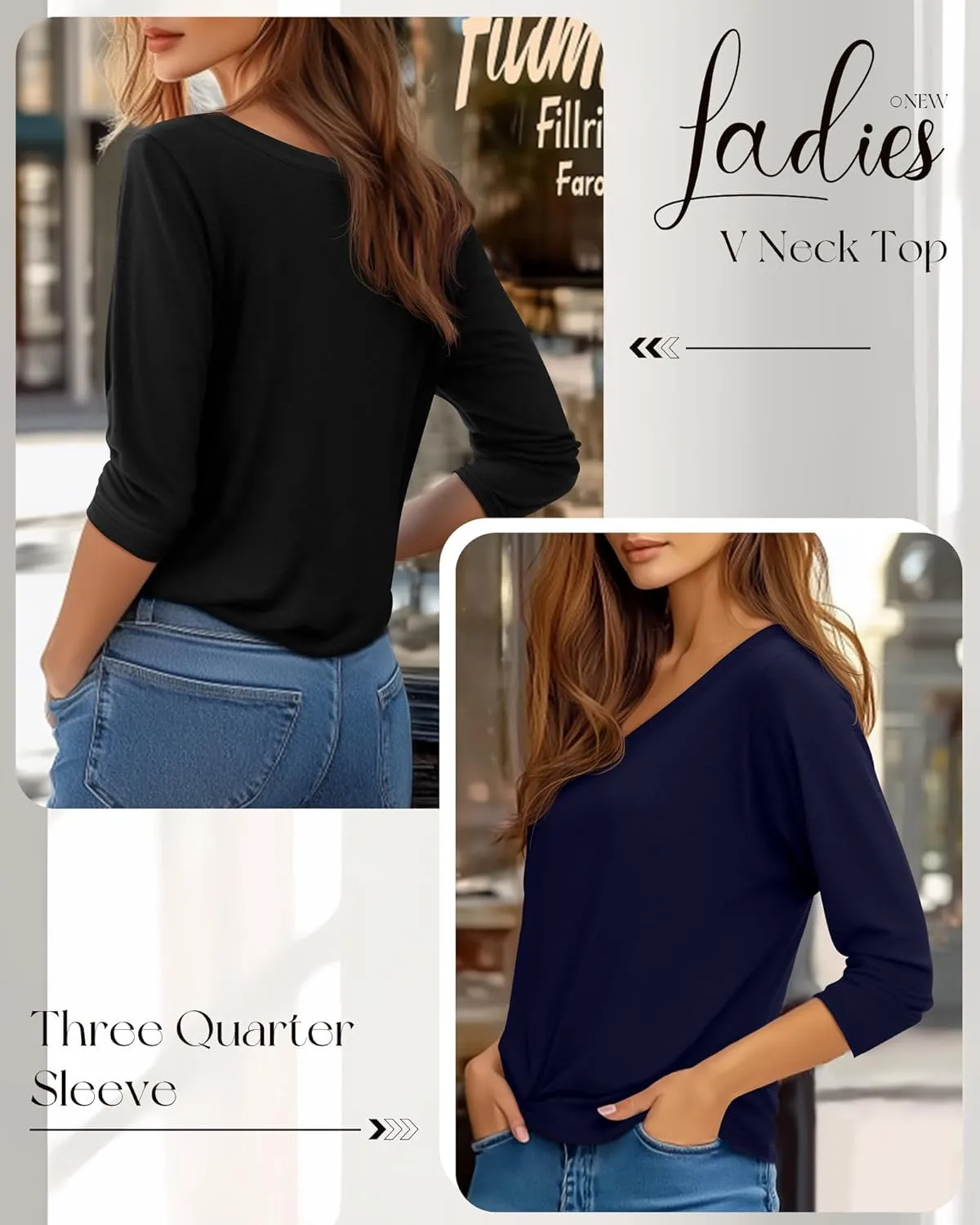 Ficerd 4 Pack Women's 3/4 Sleeve T Shirts, V Neck Casual Tunic Tops Loose Fit Cotton Shirts Solid Color Summer Tees