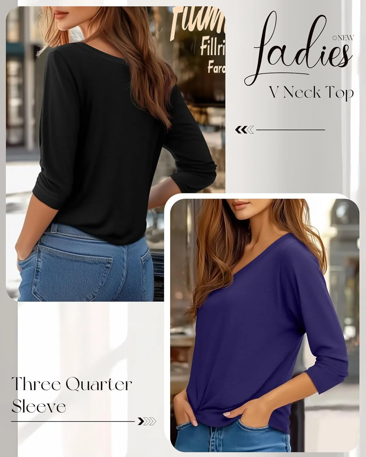 Ficerd 4 Pack Women's 3/4 Sleeve T Shirts, V Neck Casual Tunic Tops Loose Fit Cotton Shirts Solid Color Summer Tees