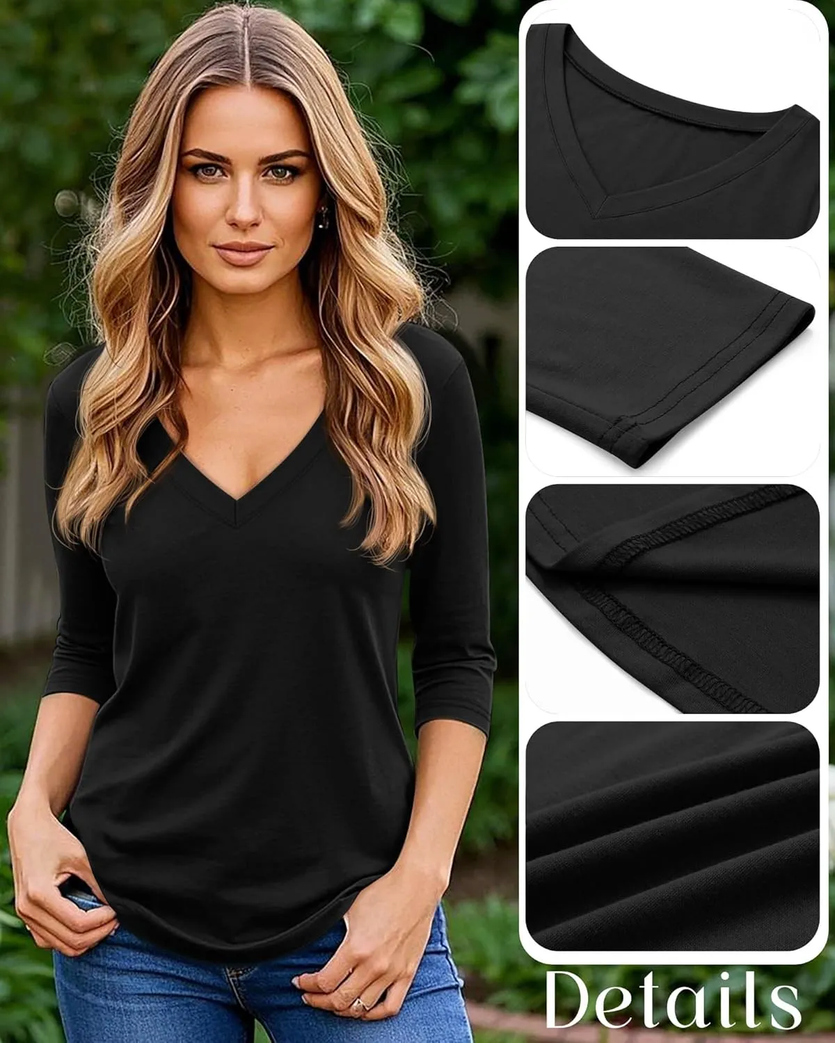 Ficerd 4 Pack Women's 3/4 Sleeve T Shirts, V Neck Casual Tunic Tops Loose Fit Cotton Shirts Solid Color Summer Tees