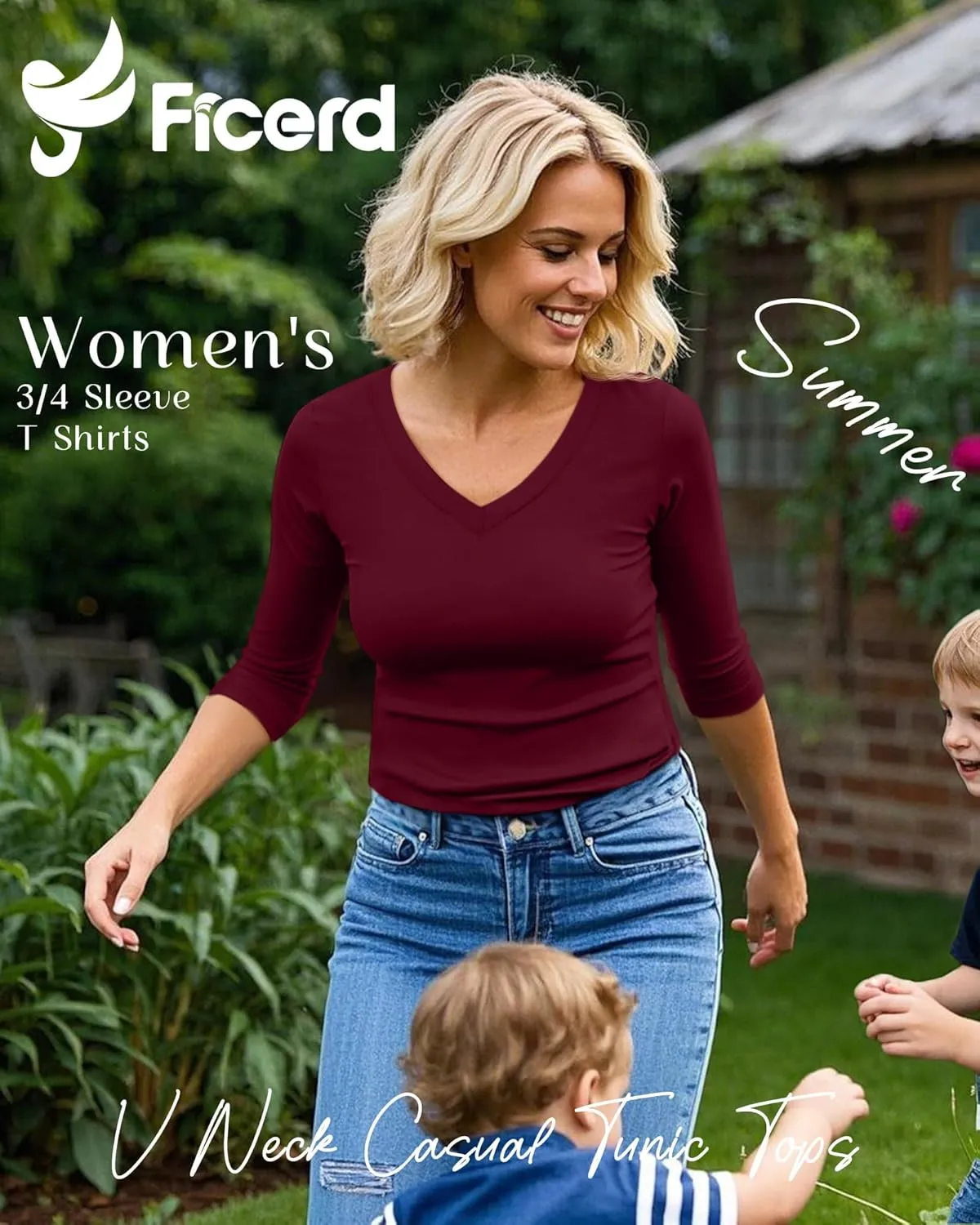 Ficerd 4 Pack Women's 3/4 Sleeve T Shirts, V Neck Casual Tunic Tops Loose Fit Cotton Shirts Solid Color Summer Tees
