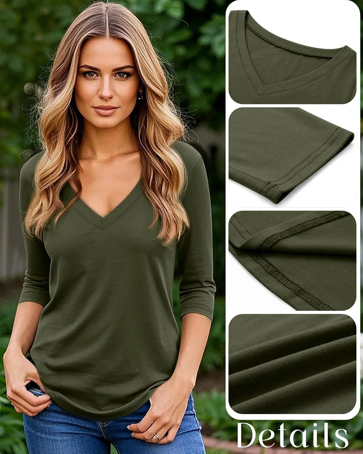Ficerd 4 Pack Women's 3/4 Sleeve T Shirts, V Neck Casual Tunic Tops Loose Fit Cotton Shirts Solid Color Summer Tees