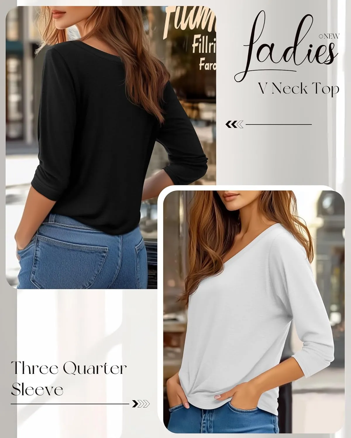 Ficerd 4 Pack Women's 3/4 Sleeve T Shirts, V Neck Casual Tunic Tops Loose Fit Cotton Shirts Solid Color Summer Tees