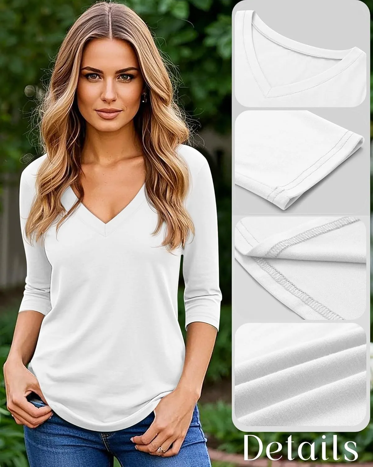 Ficerd 4 Pack Women's 3/4 Sleeve T Shirts, V Neck Casual Tunic Tops Loose Fit Cotton Shirts Solid Color Summer Tees