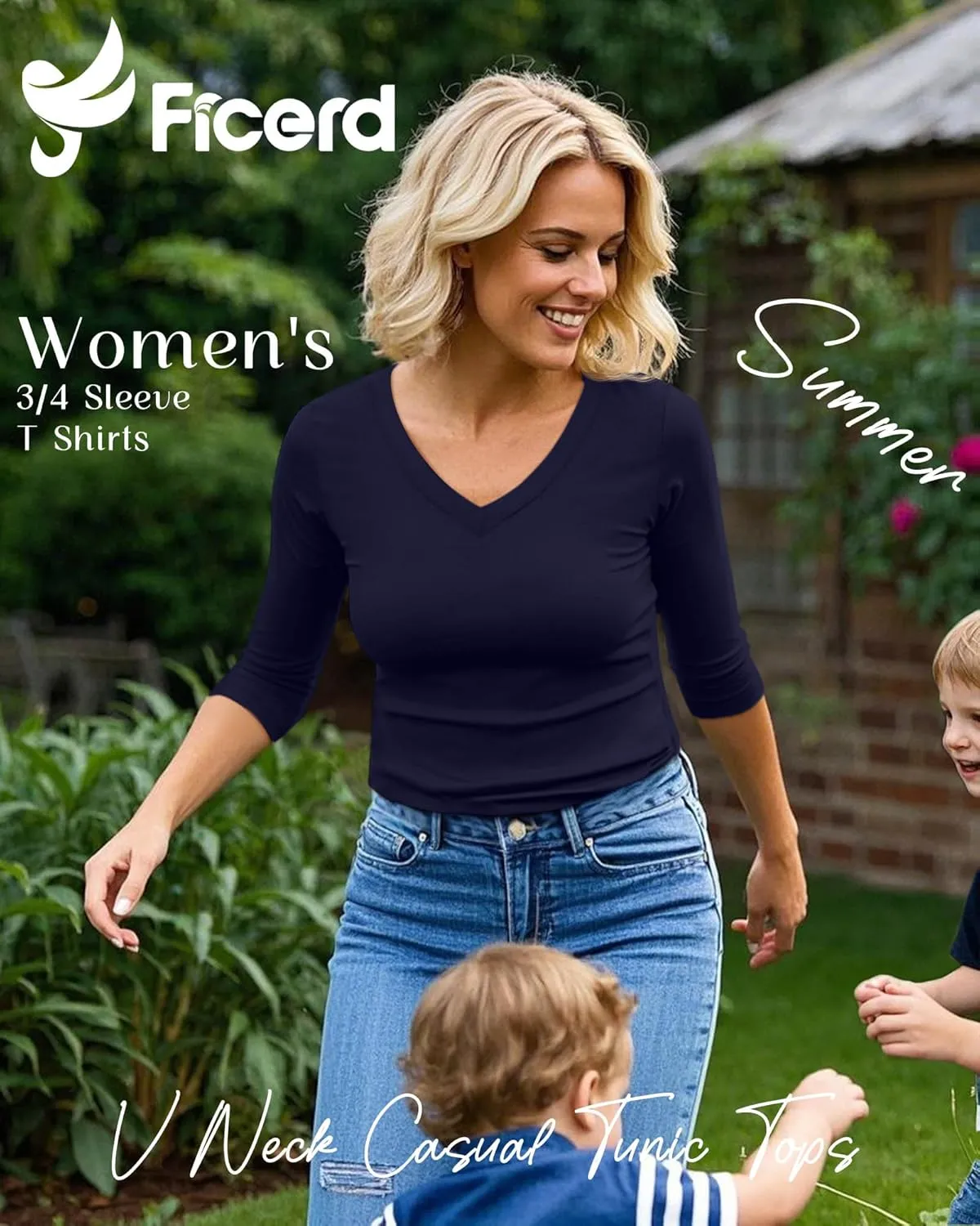 Ficerd 4 Pack Women's 3/4 Sleeve T Shirts, V Neck Casual Tunic Tops Loose Fit Cotton Shirts Solid Color Summer Tees