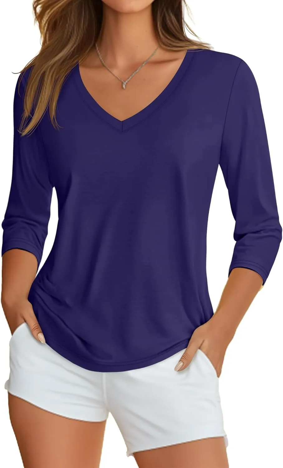 Ficerd 4 Pack Women's 3/4 Sleeve T Shirts, V Neck Casual Tunic Tops Loose Fit Cotton Shirts Solid Color Summer Tees