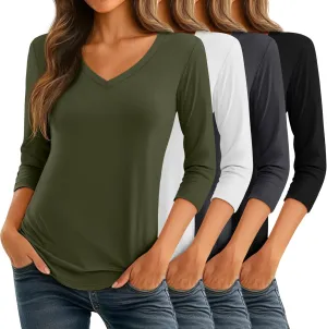 Ficerd 4 Pack Women's 3/4 Sleeve T Shirts, V Neck Casual Tunic Tops Loose Fit Cotton Shirts Solid Color Summer Tees