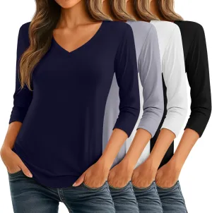 Ficerd 4 Pack Women's 3/4 Sleeve T Shirts, V Neck Casual Tunic Tops Loose Fit Cotton Shirts Solid Color Summer Tees