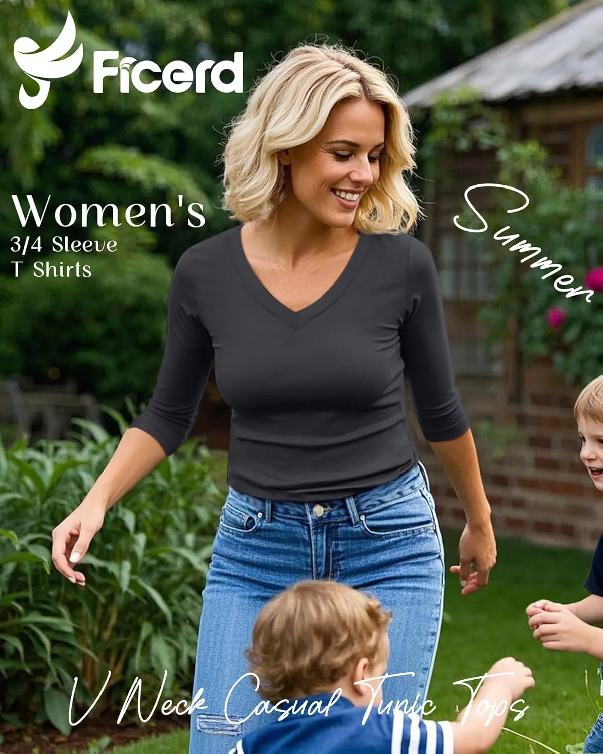 Ficerd 4 Pack Women's 3/4 Sleeve T Shirts, V Neck Casual Tunic Tops Loose Fit Cotton Shirts Solid Color Summer Tees