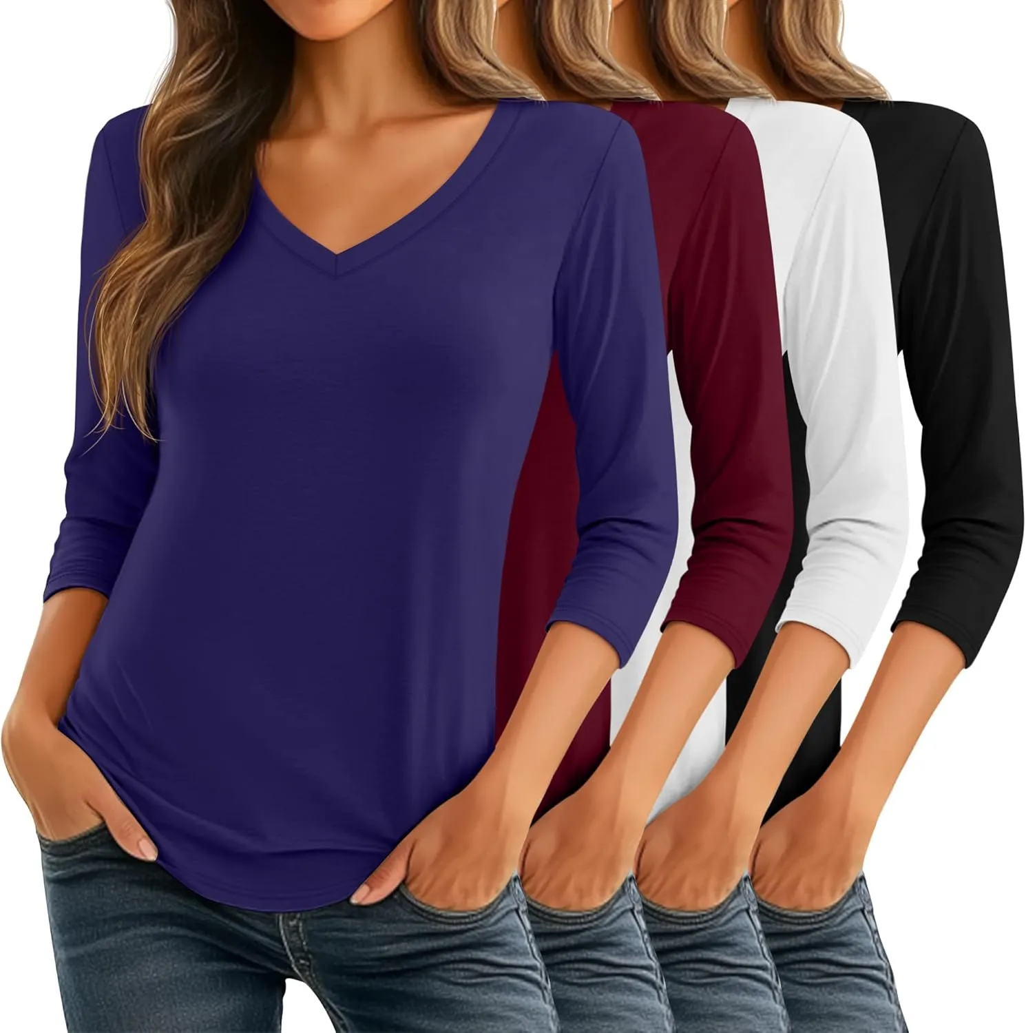 Ficerd 4 Pack Women's 3/4 Sleeve T Shirts, V Neck Casual Tunic Tops Loose Fit Cotton Shirts Solid Color Summer Tees