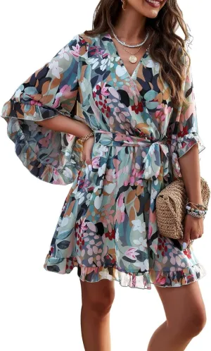 Floral Dress for Women 2025 Summer Short Sleeve Chiffon Boho Mini Dress Elegant Ruffle Vacation Beach Dress with Belt
