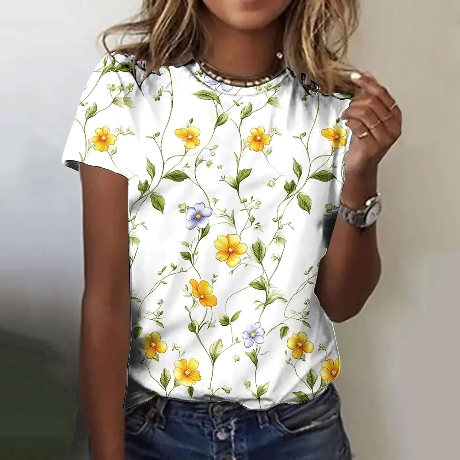 Floral Shirts for Women Trendy Crew Neck Short Sleeve Tshirt Casual Loose Fit Basic Tees Ladies Summer Tops