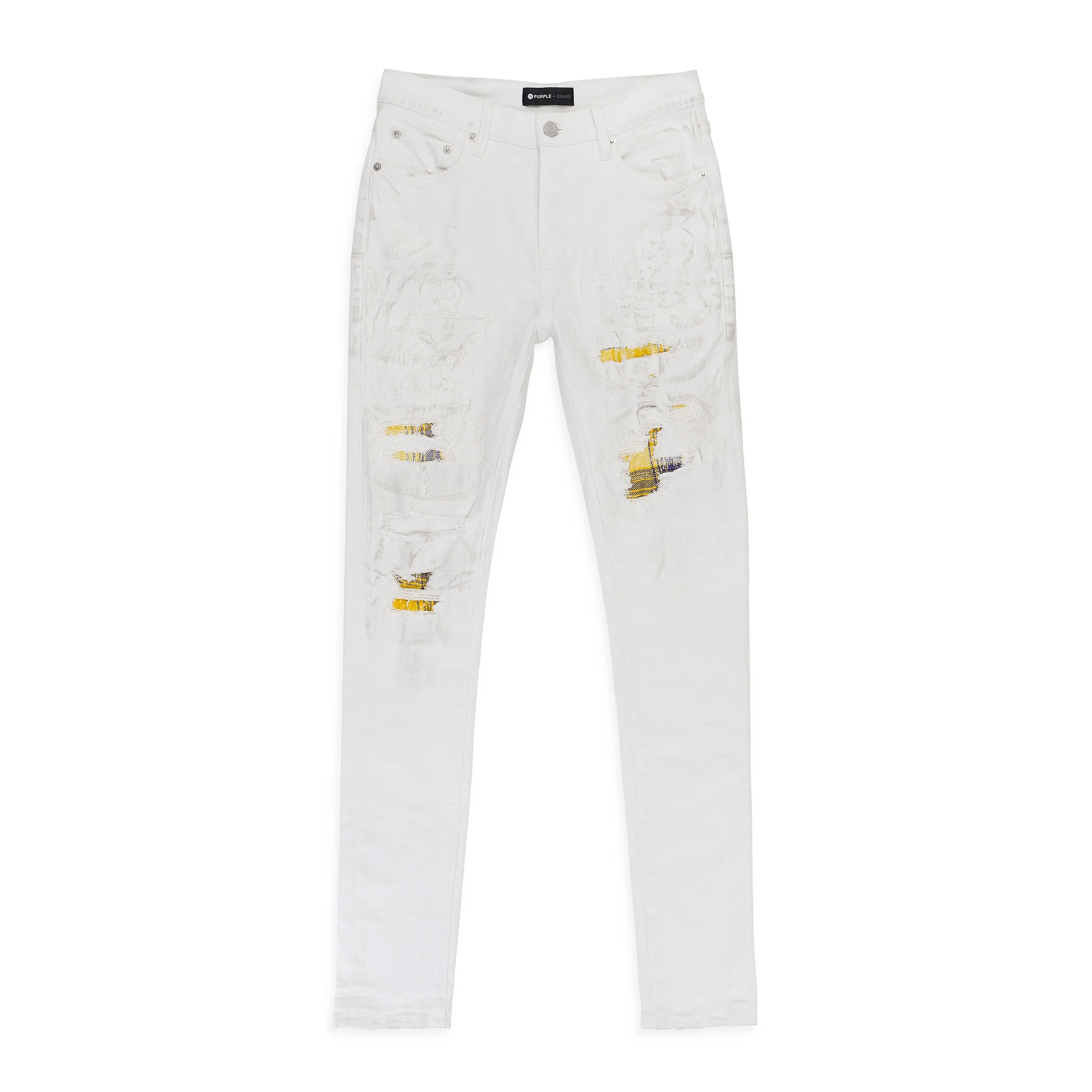 HEAVY REPAIR WITH PLAID PATCH White SKINNY JEANS