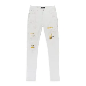 HEAVY REPAIR WITH PLAID PATCH White SKINNY JEANS
