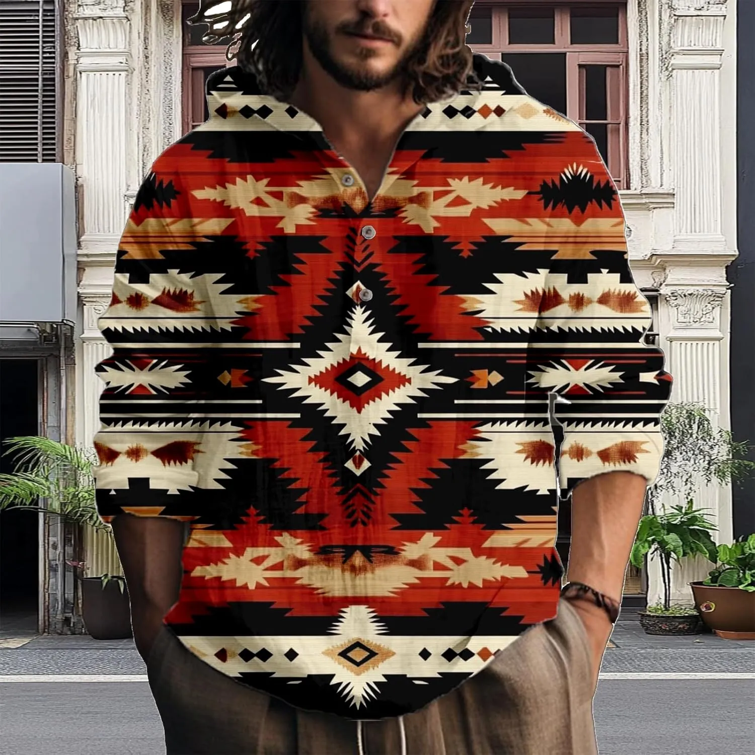 Hooded Long Sleeve Shirt Men Cool Button Up Hoodie Hippe Sweatshirt Casual Artsy Light Weight Shirts