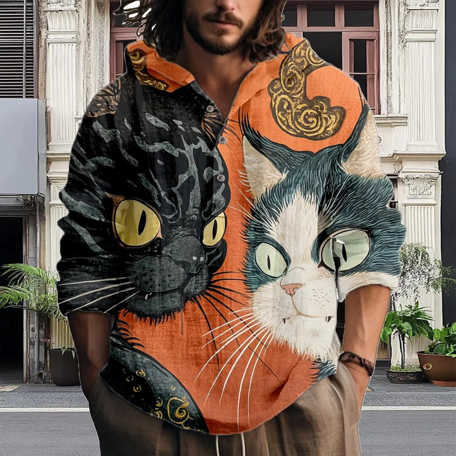 Hooded Long Sleeve Shirt Men Cool Button Up Hoodie Hippe Sweatshirt Casual Artsy Light Weight Shirts