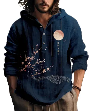Hooded Long Sleeve Shirt Men Cool Button Up Hoodie Hippe Sweatshirt Casual Artsy Light Weight Shirts