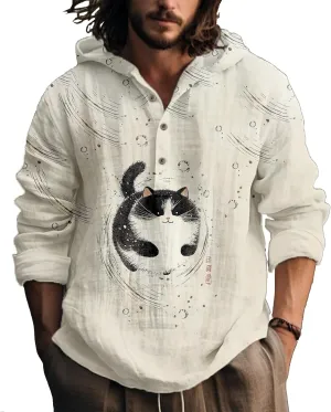 Hooded Long Sleeve Shirt Men Cool Button Up Hoodie Hippe Sweatshirt Casual Artsy Light Weight Shirts