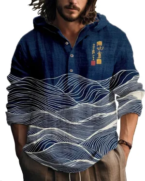 Hooded Long Sleeve Shirt Men Cool Button Up Hoodie Hippe Sweatshirt Casual Artsy Light Weight Shirts