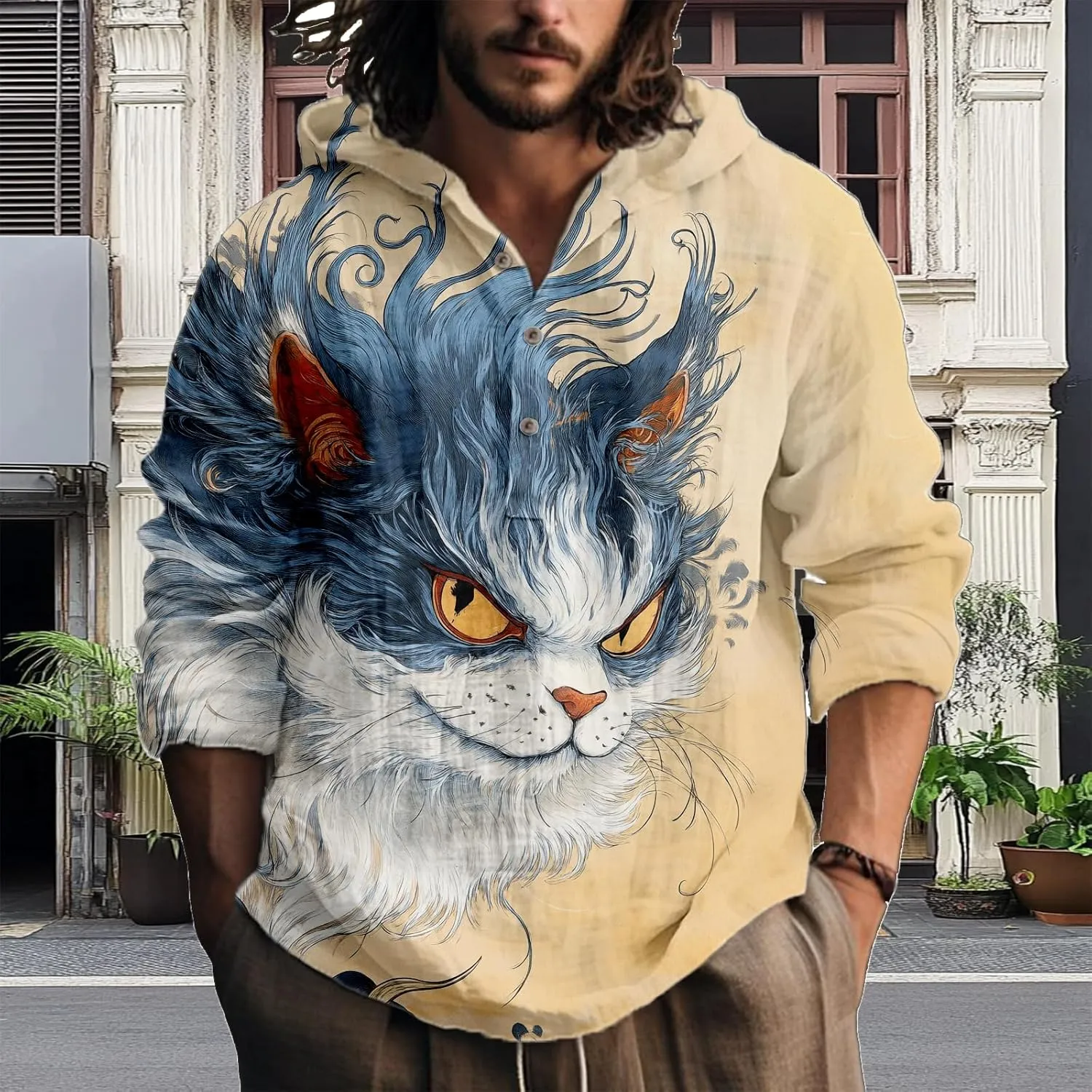 Hooded Long Sleeve Shirt Men Cool Button Up Hoodie Hippe Sweatshirt Casual Artsy Light Weight Shirts