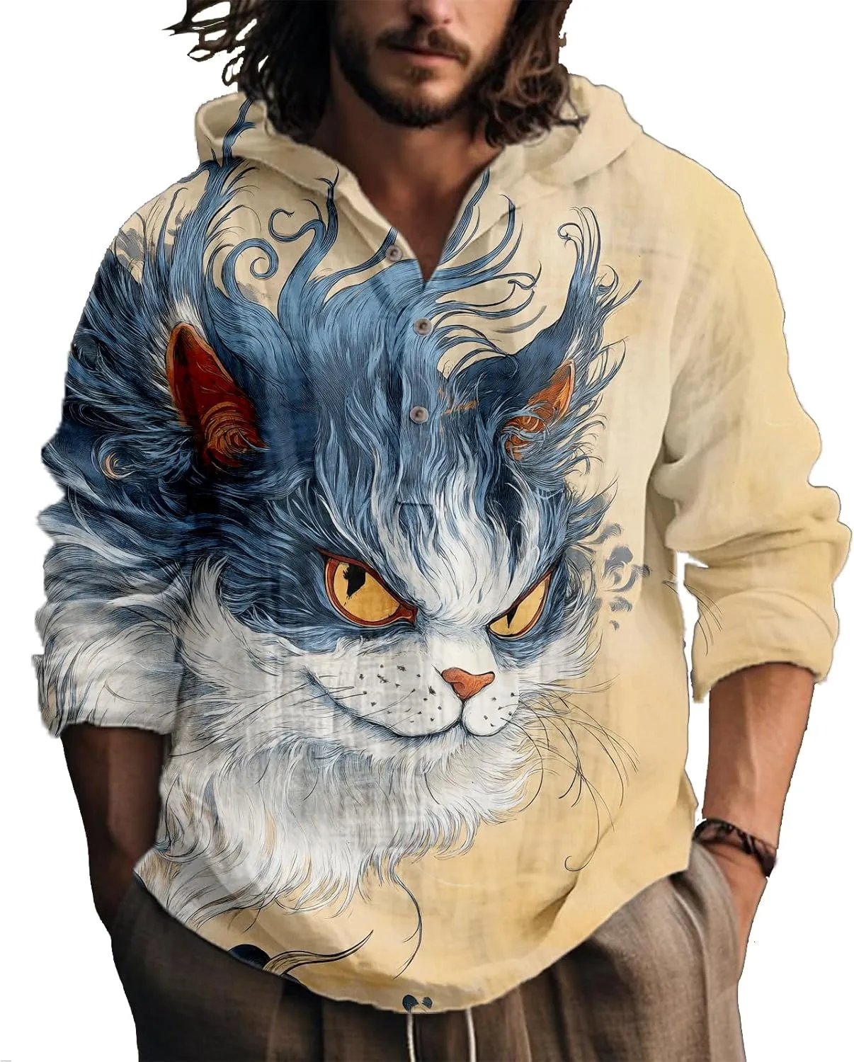 Hooded Long Sleeve Shirt Men Cool Button Up Hoodie Hippe Sweatshirt Casual Artsy Light Weight Shirts