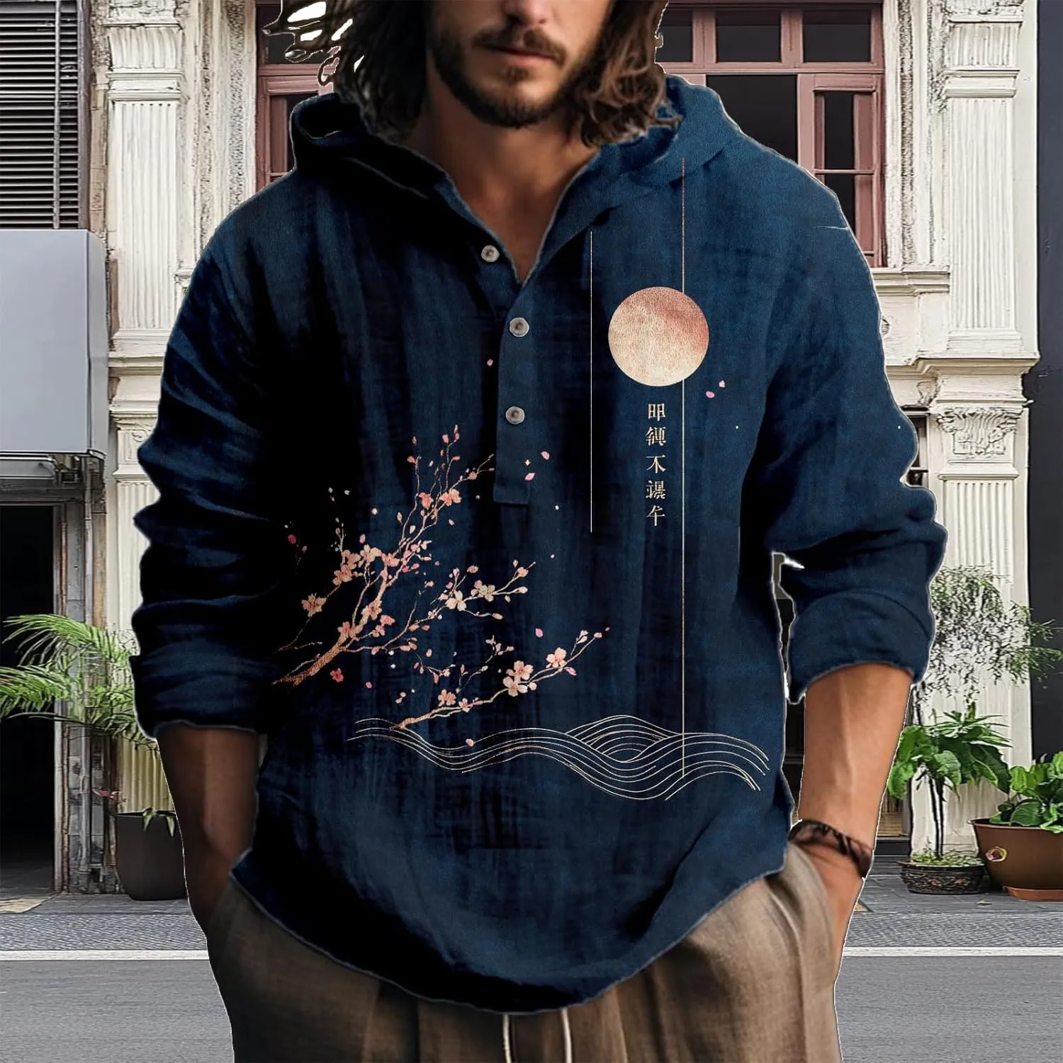 Hooded Long Sleeve Shirt Men Cool Button Up Hoodie Hippe Sweatshirt Casual Artsy Light Weight Shirts