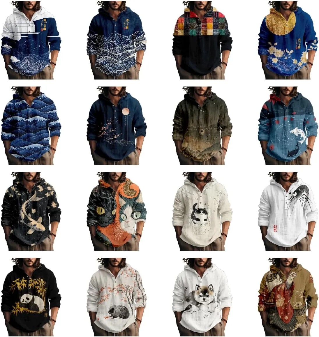 Hooded Long Sleeve Shirt Men Cool Button Up Hoodie Hippe Sweatshirt Casual Artsy Light Weight Shirts