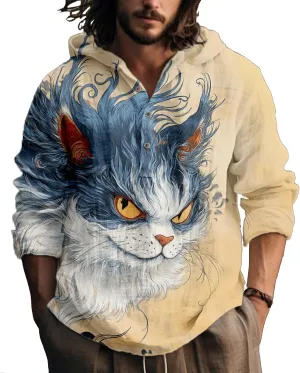 Hooded Long Sleeve Shirt Men Cool Button Up Hoodie Hippe Sweatshirt Casual Artsy Light Weight Shirts