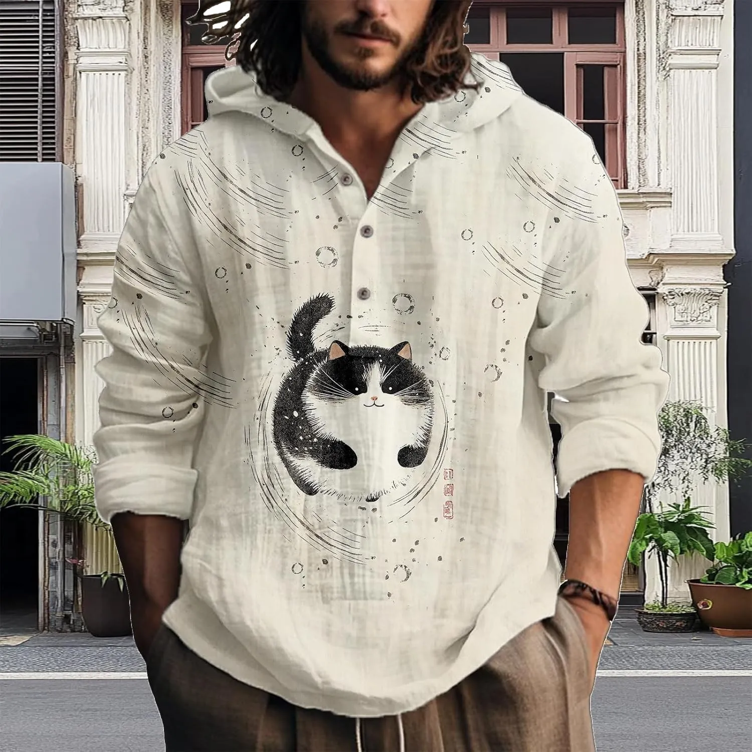 Hooded Long Sleeve Shirt Men Cool Button Up Hoodie Hippe Sweatshirt Casual Artsy Light Weight Shirts