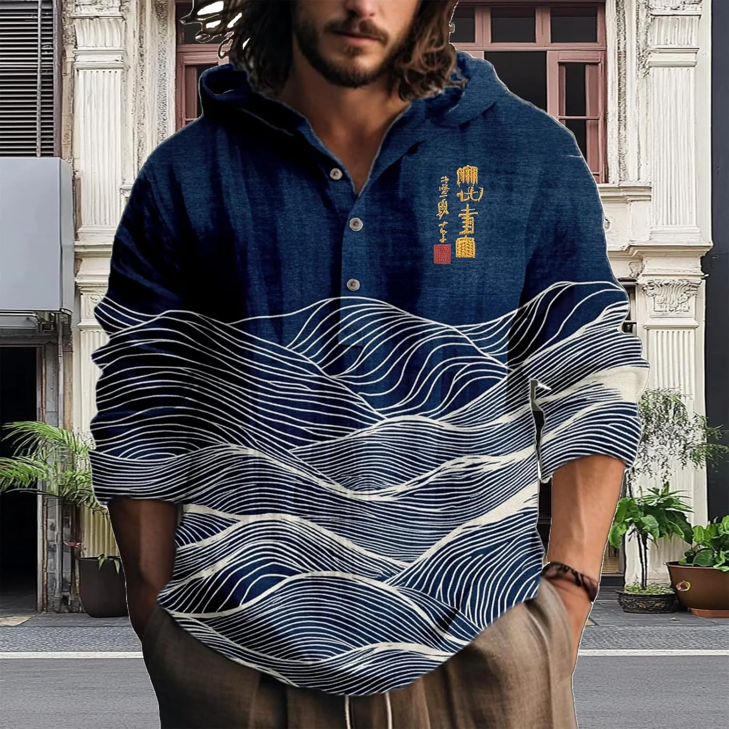 Hooded Long Sleeve Shirt Men Cool Button Up Hoodie Hippe Sweatshirt Casual Artsy Light Weight Shirts