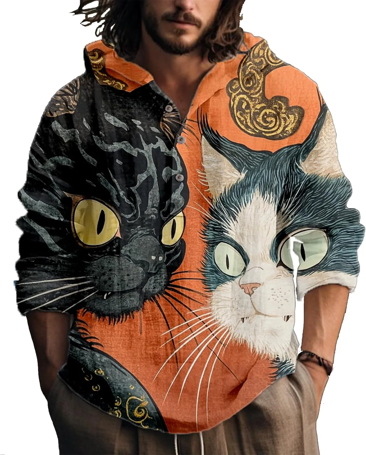Hooded Long Sleeve Shirt Men Cool Button Up Hoodie Hippe Sweatshirt Casual Artsy Light Weight Shirts