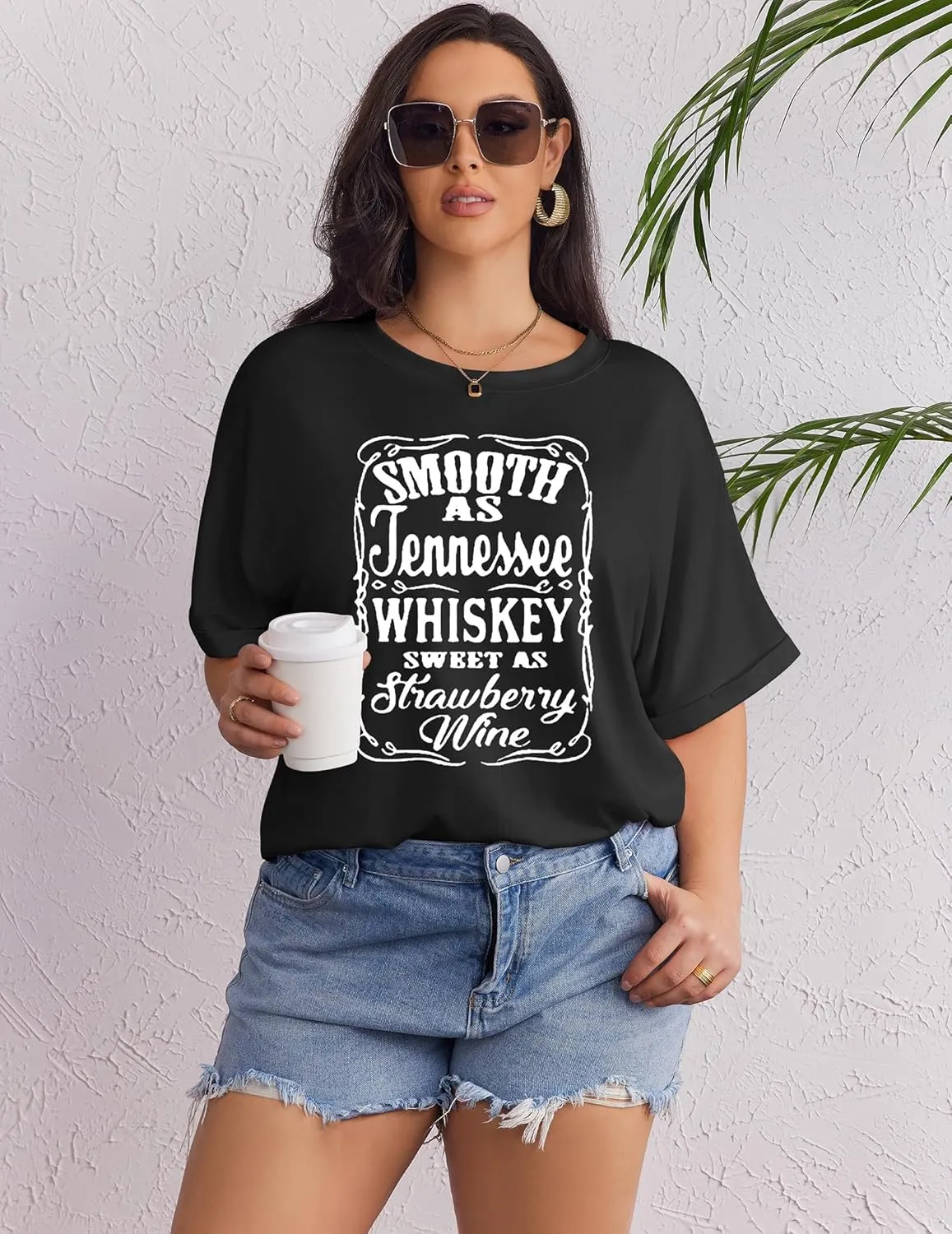 IN'VOLAND Women's Plus Size T Shirts Oversized Tees Summer Half Sleeve Crew Neck Whiskey Graphic Tunic Tops Basic Top