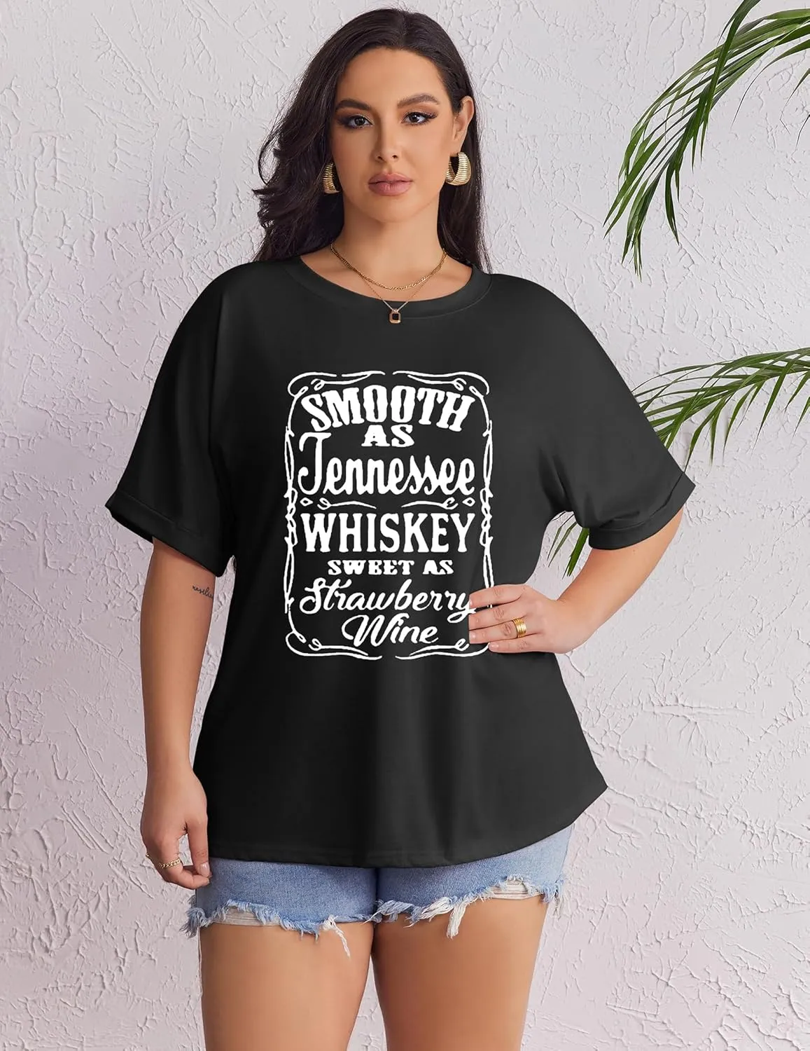 IN'VOLAND Women's Plus Size T Shirts Oversized Tees Summer Half Sleeve Crew Neck Whiskey Graphic Tunic Tops Basic Top