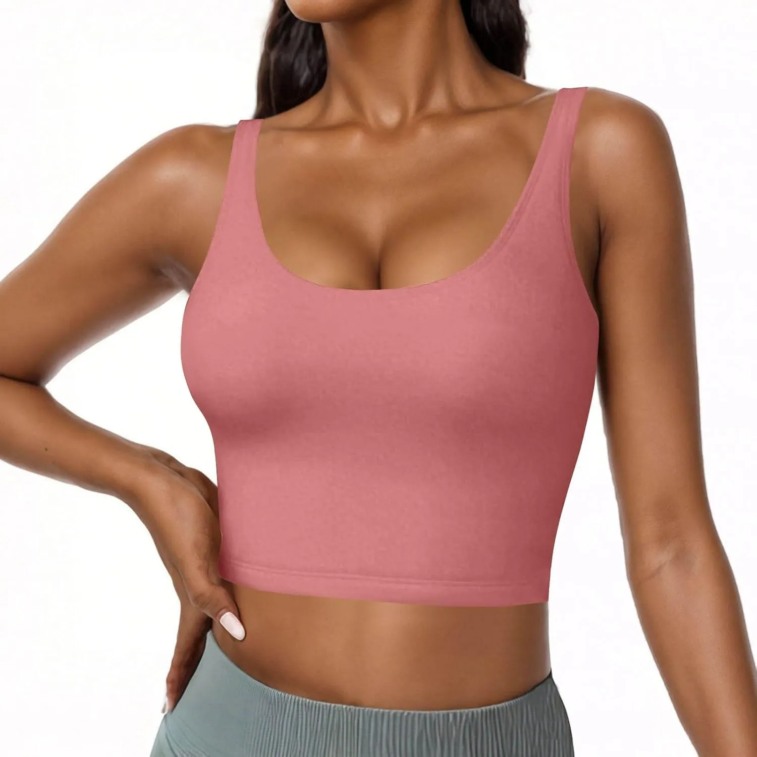 JIEMUXIU Built in Bra Tank Tops for Women 2025 Casual Scoop Neck Sleeveless Tees Basic Workout Top Camisole Undershirts
