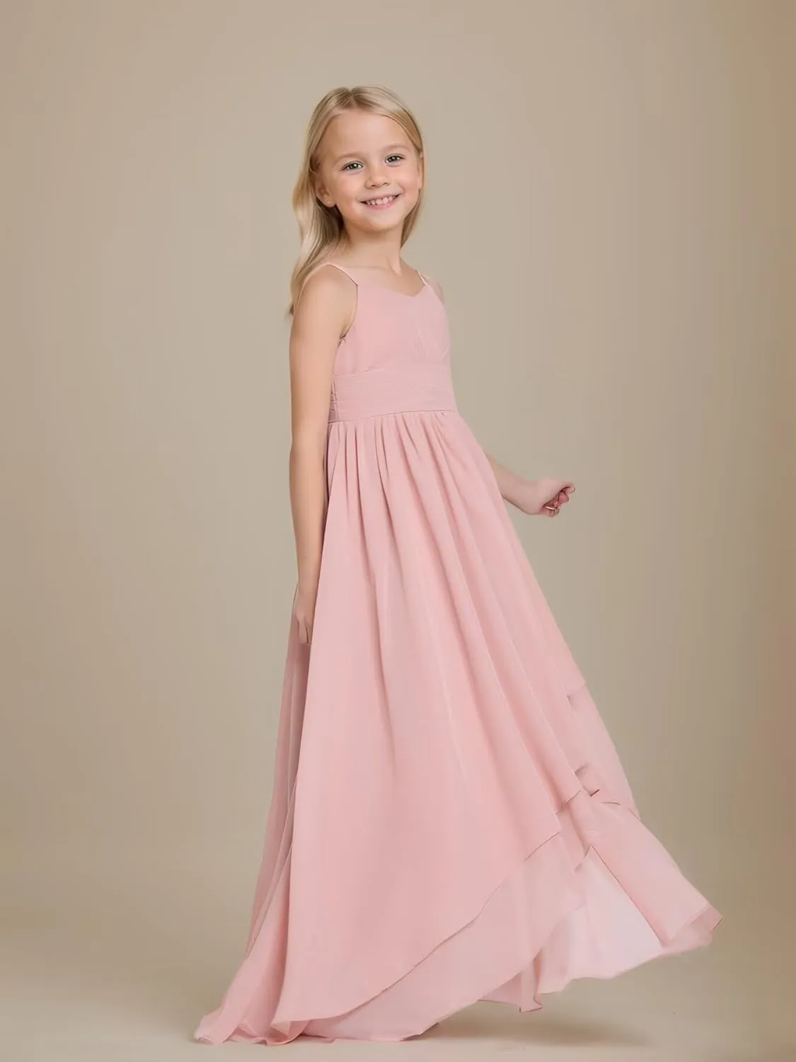 Junior Bridesmaid Dresses High Low Chiffon Pleated Flower Girl Dress Spaghetti Straps Wedding Party Pageant Gown
