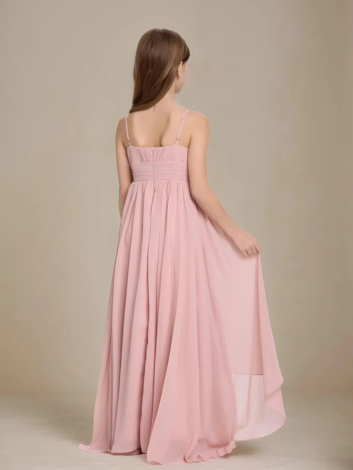 Junior Bridesmaid Dresses High Low Chiffon Pleated Flower Girl Dress Spaghetti Straps Wedding Party Pageant Gown