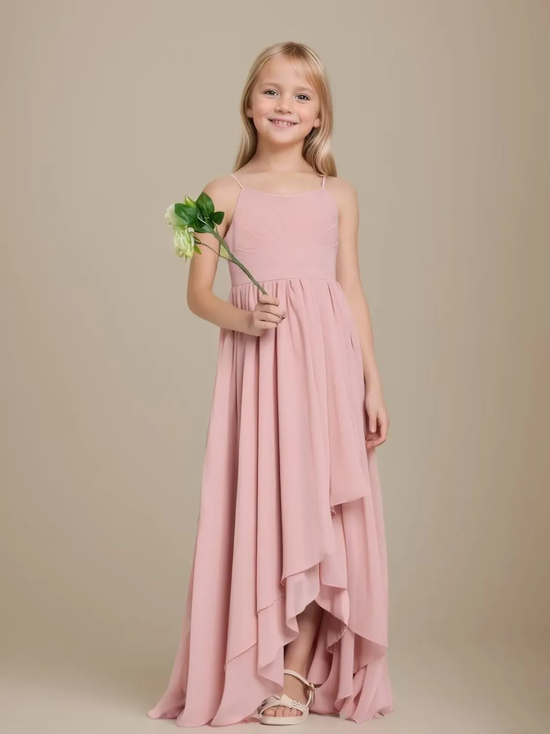 Junior Bridesmaid Dresses High Low Chiffon Pleated Flower Girl Dress Spaghetti Straps Wedding Party Pageant Gown