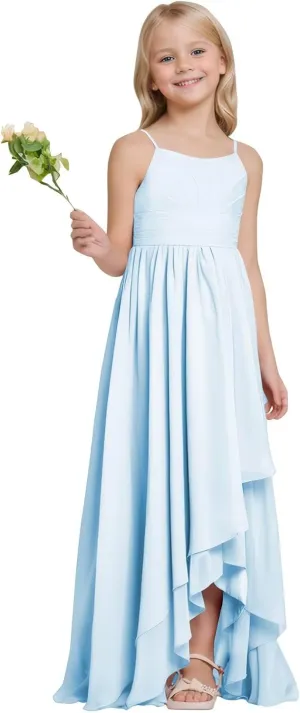 Junior Bridesmaid Dresses High Low Chiffon Pleated Flower Girl Dress Spaghetti Straps Wedding Party Pageant Gown