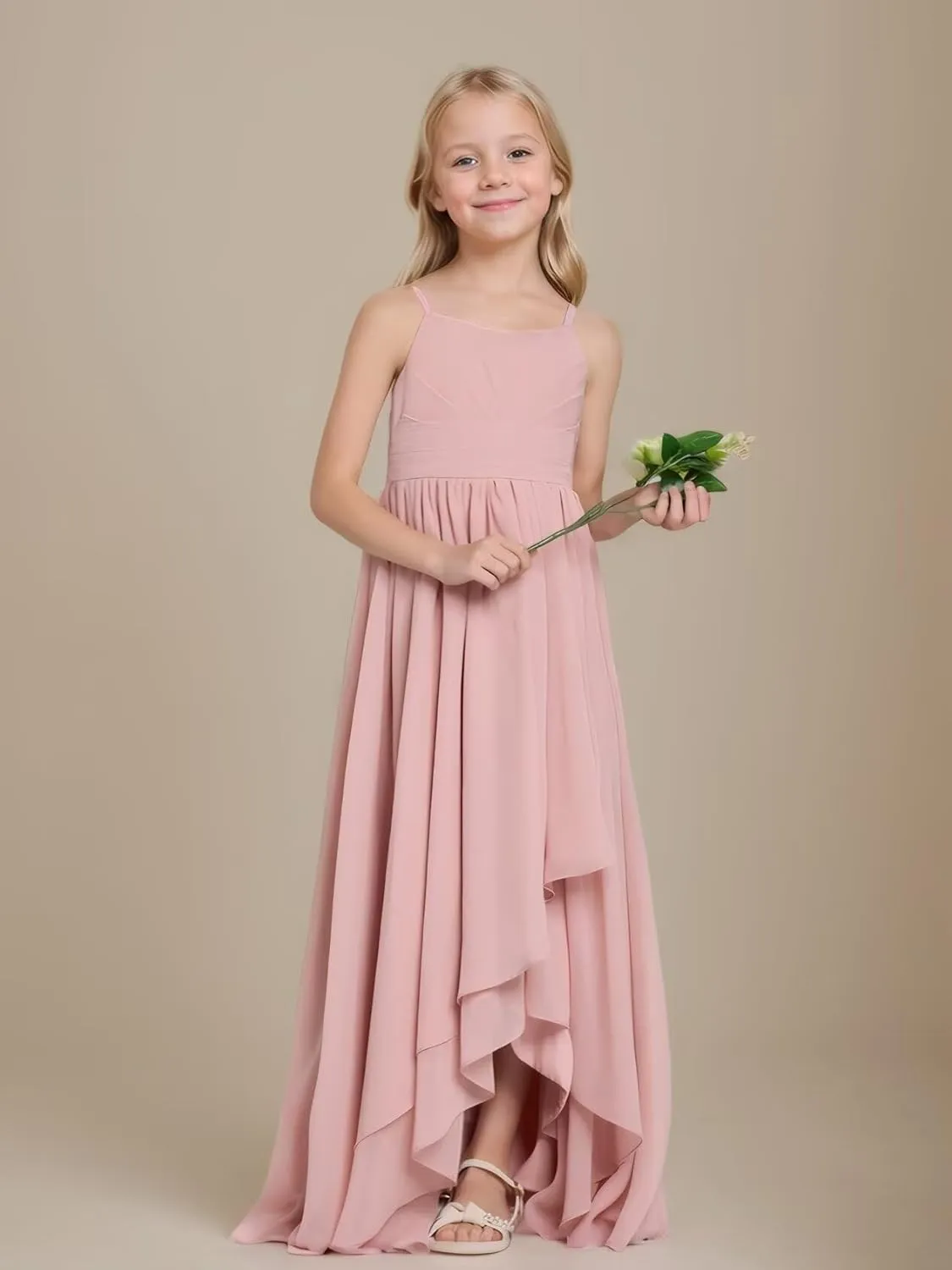 Junior Bridesmaid Dresses High Low Chiffon Pleated Flower Girl Dress Spaghetti Straps Wedding Party Pageant Gown