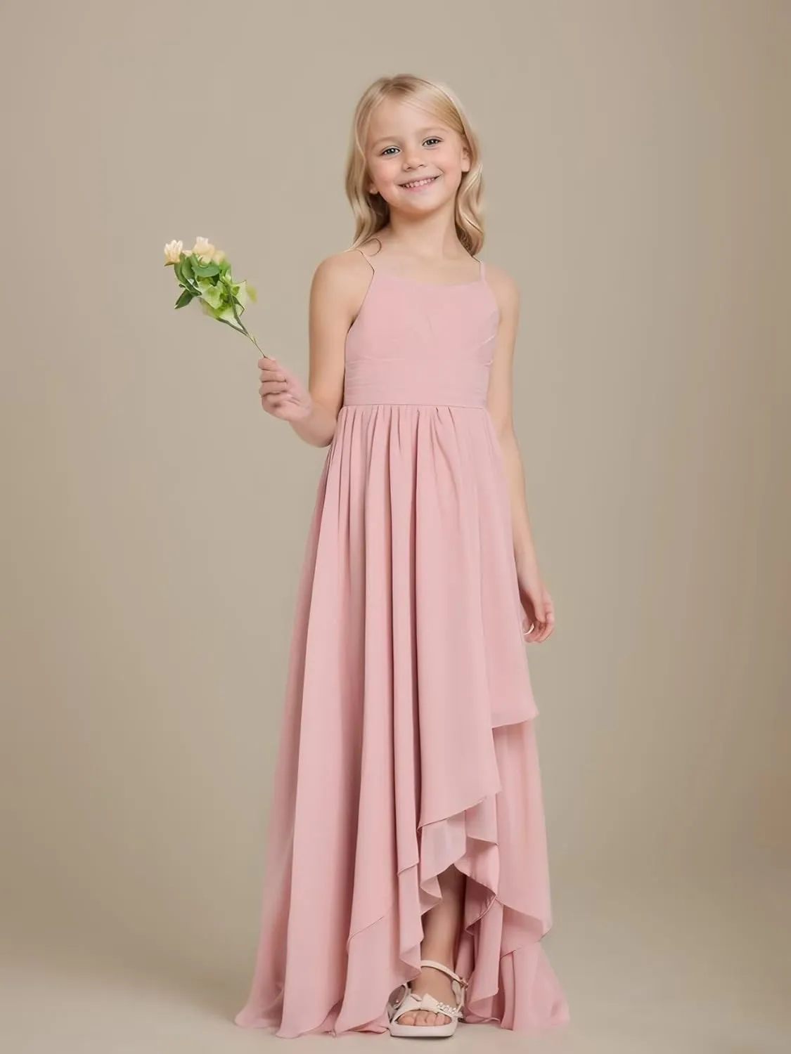 Junior Bridesmaid Dresses High Low Chiffon Pleated Flower Girl Dress Spaghetti Straps Wedding Party Pageant Gown