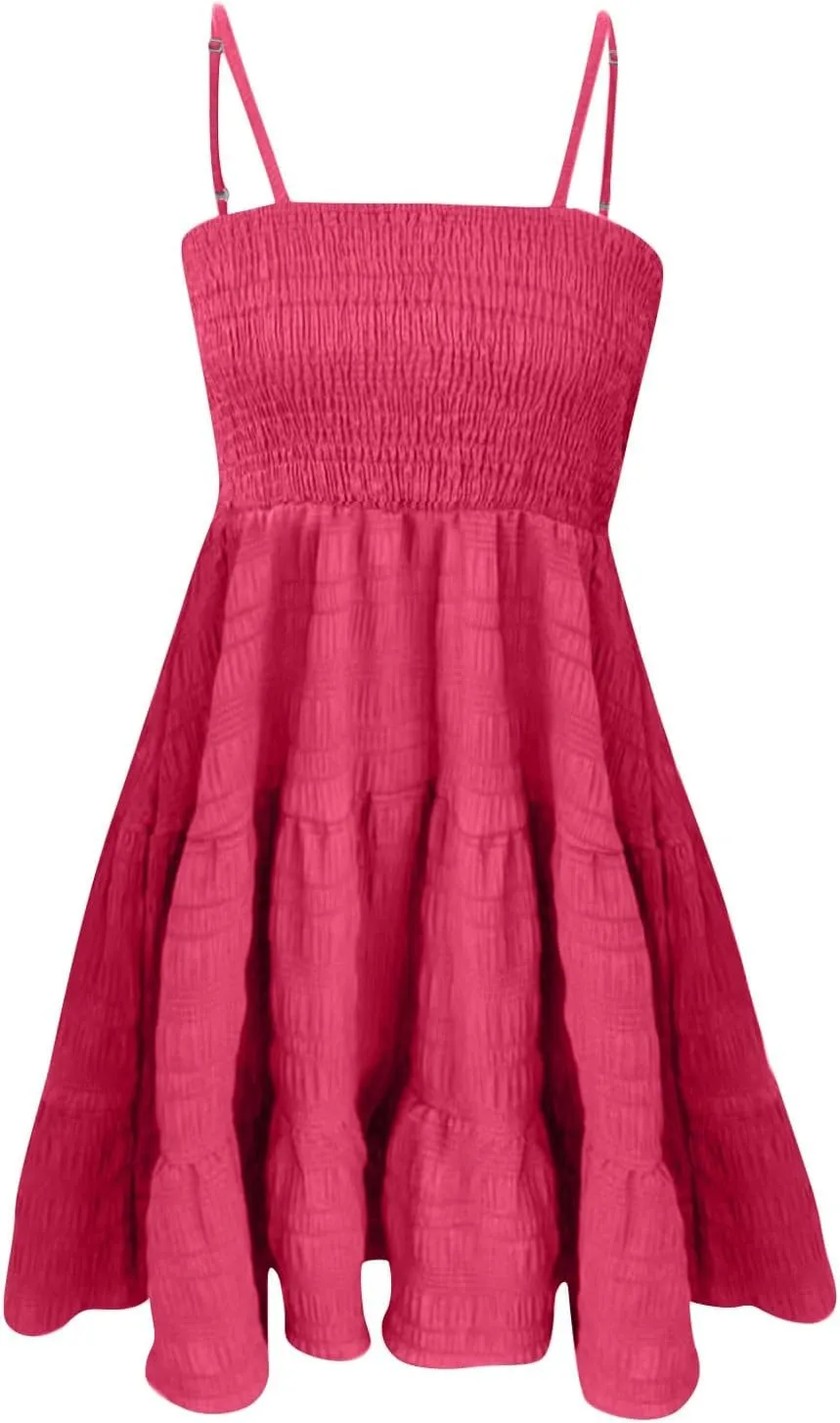 KIKX0DE Women's Sundress Summer Cami Ruffle Mini Dress Sleeveless Spaghetti Strap Swing A Line Short Casual Cute Tank Dresses