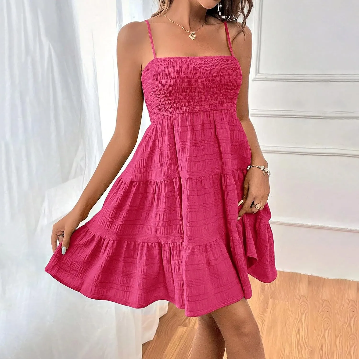 KIKX0DE Women's Sundress Summer Cami Ruffle Mini Dress Sleeveless Spaghetti Strap Swing A Line Short Casual Cute Tank Dresses