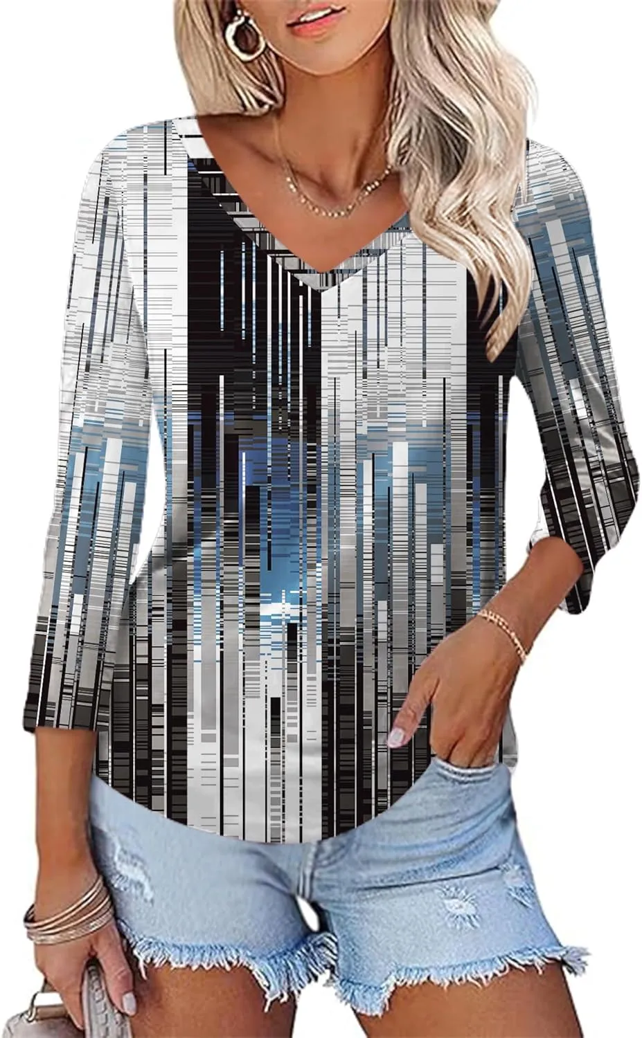 KTILG Women's V Neck T Shirts 3/4 Sleeve Blouse Summer Tops Dressy Casual Solid Basic Tees