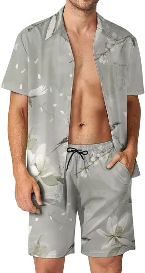 Light Green Leaves Mens Swimsuit 2 Pieces Set Quick Dry Shorts Shirts Summer Button Down Short Sleeve Set