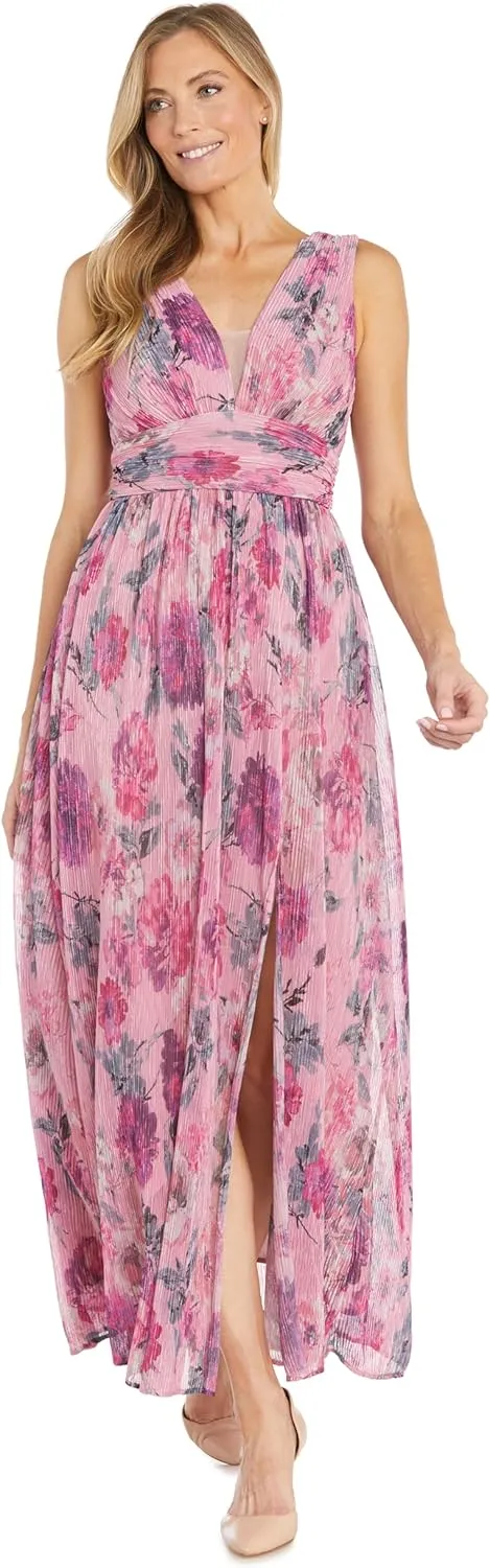 Long Crinkle Pleated Floral Maxi Dress W/V Front & Side Slit